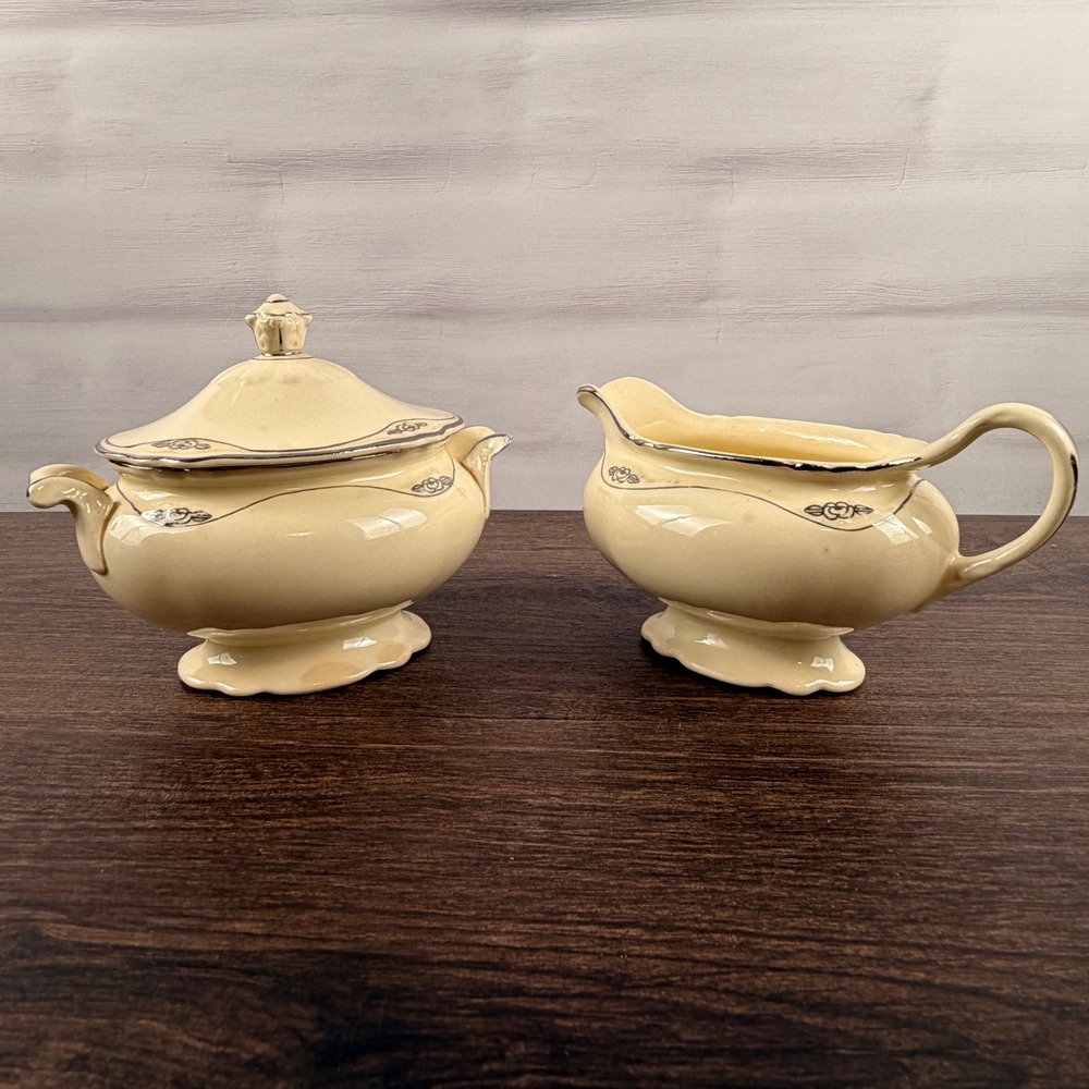 Homer Laughlin Virginia Rose Platinum Creamer & Covered Sugar Bowl Vintage